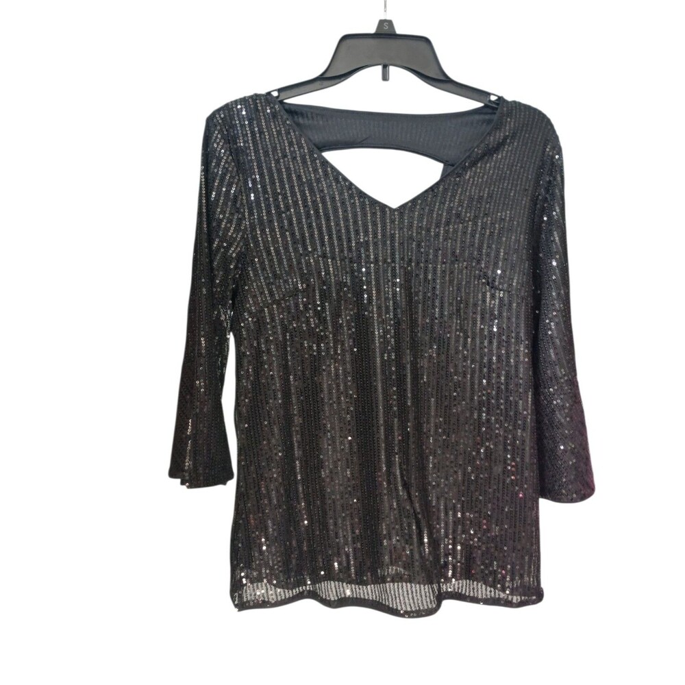 Grace Karin Sequin Top Black Size S V Neck Party Blouse Sparkly Evening